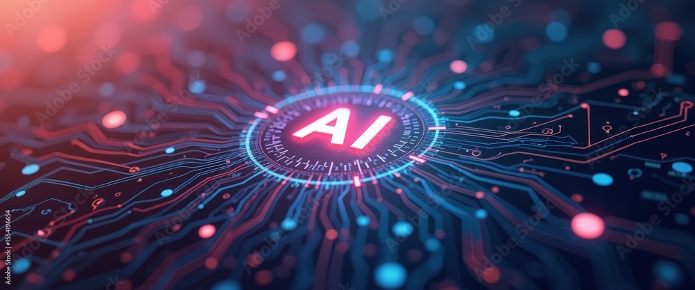 Poster futuristic digital circuit with ai symbol surrounded by neon light effects and patterns