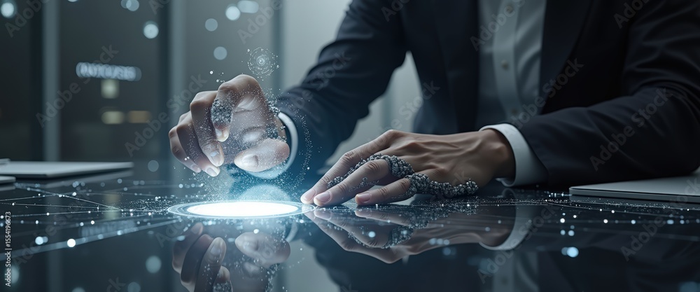 Poster businessman manipulating digital data with holographic display in modern office setting