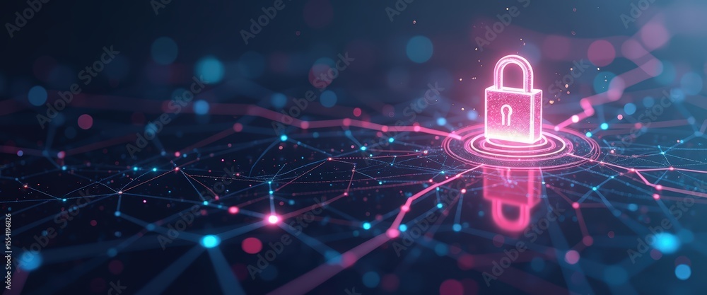 Poster digital padlock symbolizing cybersecurity in a vibrant network of connected nodes and lines
