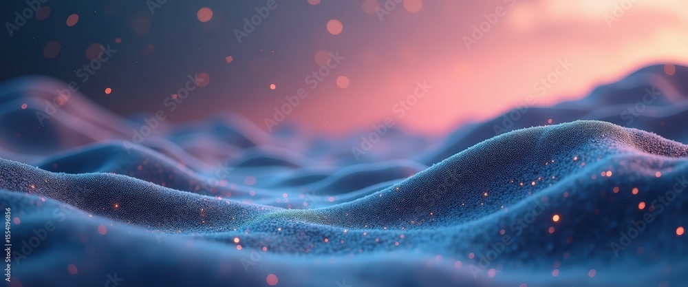 Poster abstract landscape of soft waves with sparkling particles in ethereal lighting effect