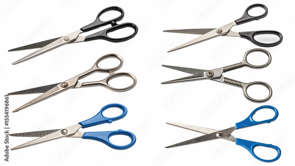 Poster various pairs of scissors in different styles and colors.