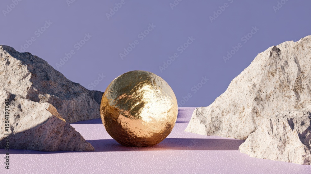 Poster abstract scene featuring a textured golden sphere nestled between rock formations all set against a 