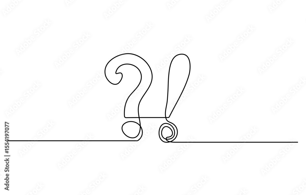 Poster question and exclamation marks one line art, asking and admiration signs, continuous contour. query 