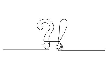 Question and exclamation marks one line art, asking and admiration signs, continuous contour. Query FAQ concept, finding the answer.Concept hacking internet. Hand drawn one line vector.Editable stroke