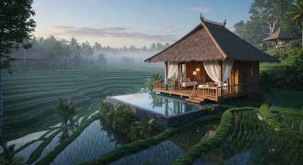 Balinese Villa with Infinity Pool Overlooking Lush Rice Terraces at Dawn