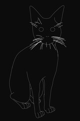 A black and white line art drawing of a sitting cat with a clean, minimalist outline against a dark background. The stark contrast highlights the simple yet elegant design