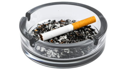 Cigarette resting on a transparent and gray ashtray with tobacco ash on a transparent background representing smoking habits and health risks associated with nicotine