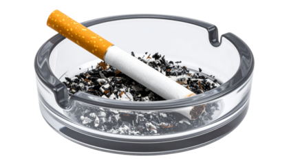 A Cigarette resting on a transparent and gray ashtray with tobacco ash on a transparent background representing smoking habits and health risks associated with nicotine
