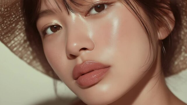 Close-up of a woman's glowing face with glossy lips and radiant smooth skin