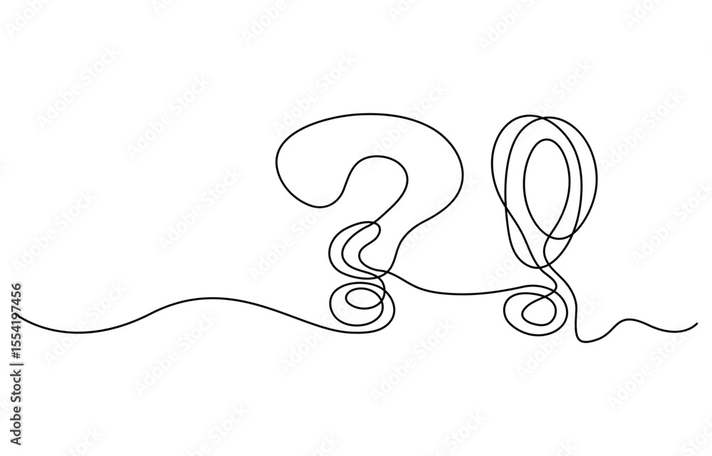 Poster question and exclamation marks one line art, asking and admiration signs, continuous contour. query 