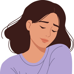 Illustration of a woman with closed eyes and a shy smile. Shy happy mood concept. Portrait on transparent background for greeting card.