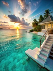 Fototapeta premium White villa with steps leading into crystal-clear turquoise water on a tropical beach at sunset