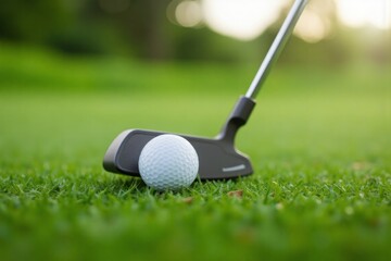 Golf club and ball on a grassy field.