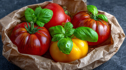 Freshly Picked Heirloom Tomatoes With Vibrant Basil Leaves in a Rustic Bowl on a Dark Background