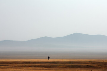 serene scene of solitary figure in mongolian steppe at sunrise soft light gray sky above