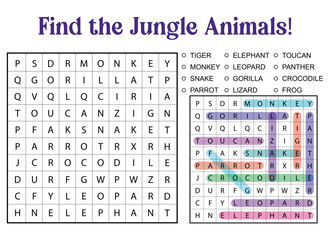 Jungle Animals Word Search Puzzle for Kids Educational Game
