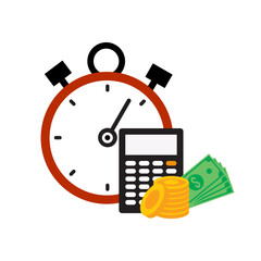 Stopwatch with Black Calculator, Green Bills, and Gold Coins for Time Management and Finance