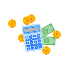 Light Blue Calculator with Green Bills, and Gold Coins for Finance
