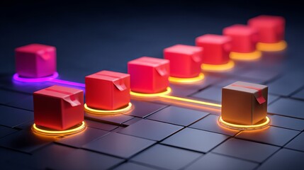 Row of red boxes with adhesive tape on dark tiled surface, encircled by glowing neon rings in purple and yellow, connected by a yellow line, one brown box included.