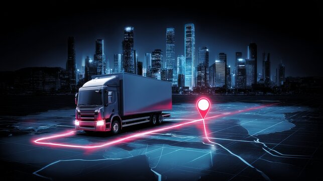 Sleek modern semi-truck with illuminated aerodynamic design, glowing red navigation line, bright location pin on blue grid-patterned digital map, vibrant city skyline at night.