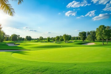 Fototapeta premium Lush green golf course under a vibrant blue sky.