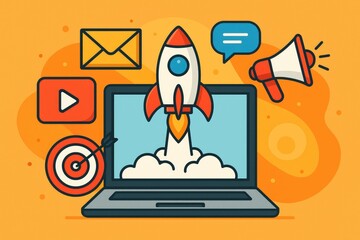 Orange Background Laptop Rocket Launching Digital Marketing Icons Email Target Video Megaphone