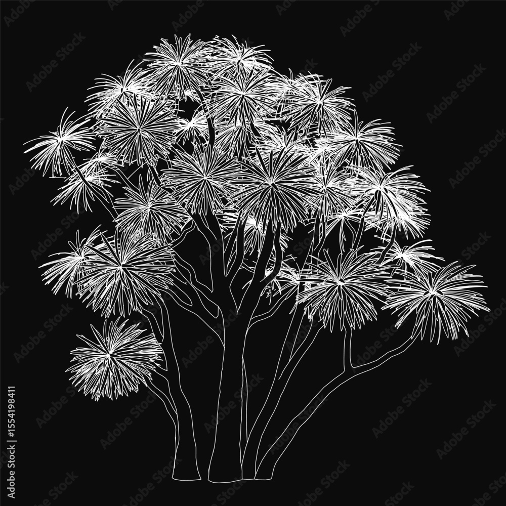 Poster black and white tree drawing with stark white outline stands boldly against a dark background. the m