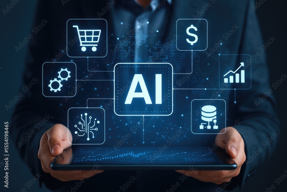 Poster person holding tablet displaying ai ecommerce interface with shopping cart dollar sign graph and dat