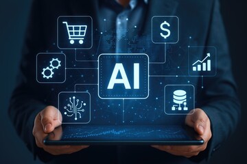 Person holding tablet displaying AI ecommerce interface with shopping cart dollar sign graph and database icons