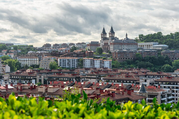 View of the city of San Sebastian at sunrise with its typical buildings of the Basque Country.