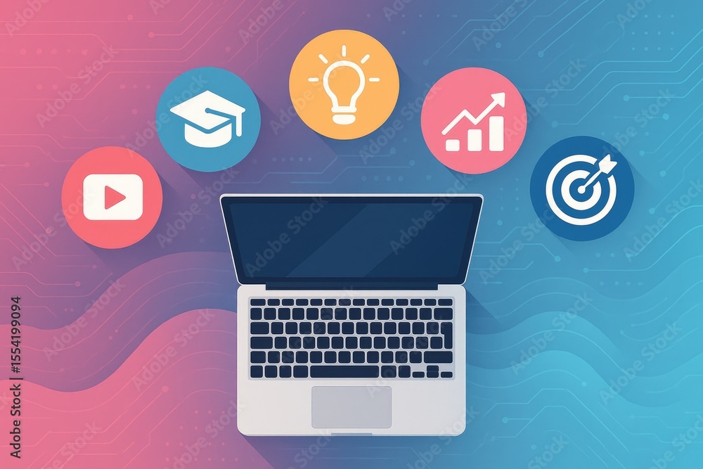 Poster Silver Laptop Computer Displaying Digital Marketing Essentials Concepts Graduation Cap Lightbulb Graph Target Play Button Pink Blue Gradient Background