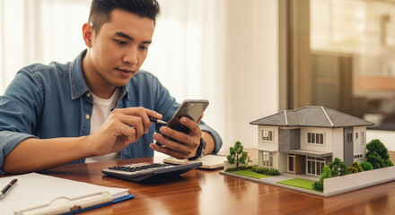 Young Asian Man Calculates Mortgage on Phone with House Model Calculator and Wooden Table with Natural Light and Casual Denim Shirt