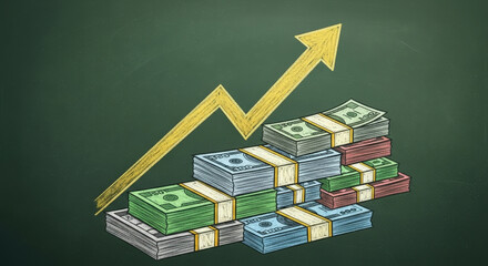 Financial Growth Illustration with Stacked Money and Upward Arrow on Dark Green Background