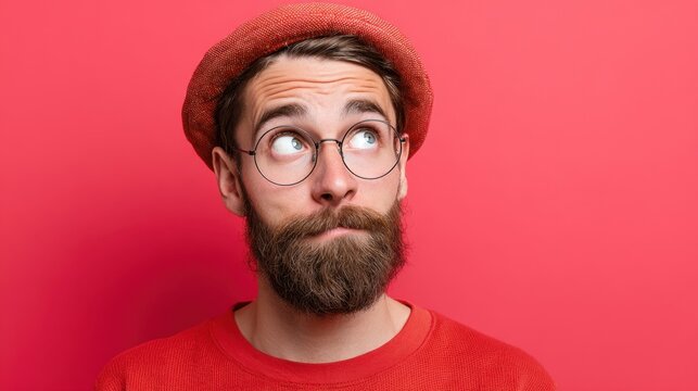 Pensive Man with Retro Style: A bearded man in round glasses and a hat gazes upward in thought against a vibrant red background