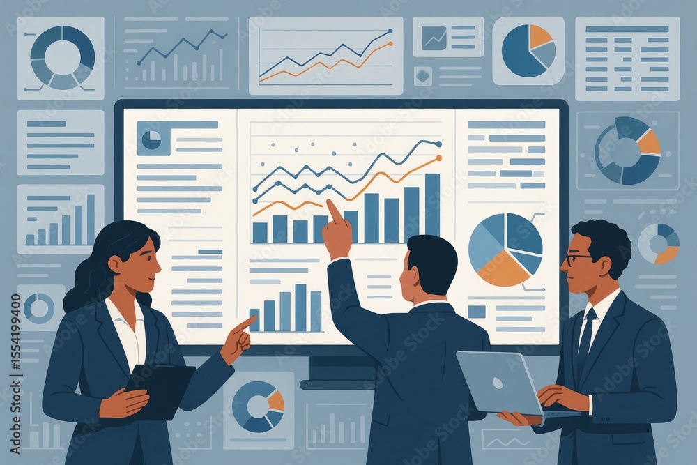 Poster three businesspeople collaborate analyzing data charts graphs on large screen display showing financ
