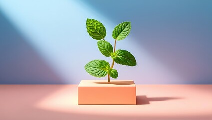 Green mint plant on peach pedestal green leaves light blue background