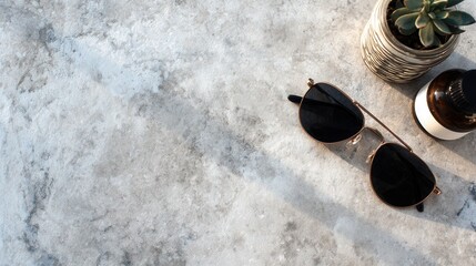 Stylish Sunglasses and Decor: A sun-kissed setting with dark glasses a potted succulent and an apothecary jar set against a cool stone surface