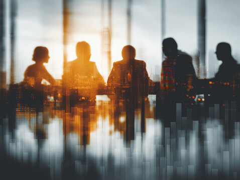 Business team silhouettes in meeting with financial chart overlay
