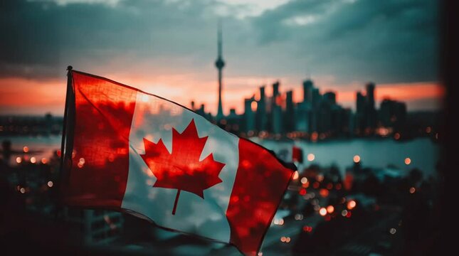 Red maple leaf on the background of the Canadian city center. The Canadian flag on the background of a Canadian city.