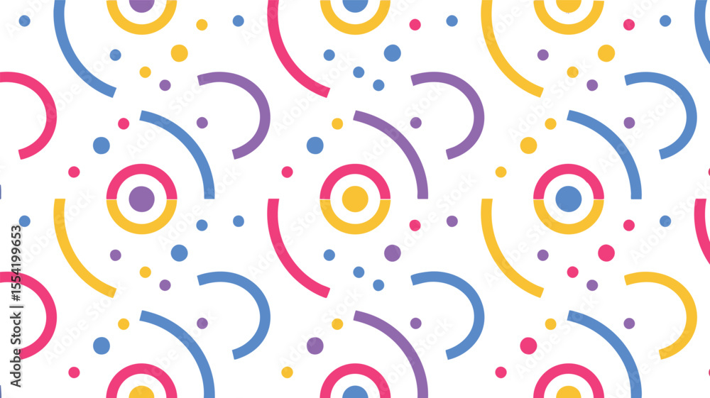 Poster playful geometric pattern on black background: a modern design with colorful circles and arcs for cr