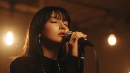 Female singer performing passionately under warm stage lights
