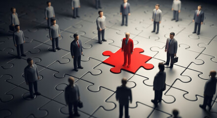 Men Standing on Interlocking Puzzle Pieces One in Red Suit Business Strategy and Teamwork Concept with Network and Organizational Structure