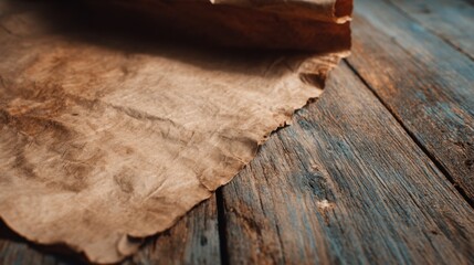 Old parchment paper partially unrolled on a rustic wooden table evoking history and mystery Perfect for vintage or adventure themes