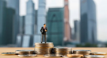 Tiny Businessman on Golden Coin Stacks Against Blurred Cityscape Symbolizing Financial Success and Investment Opportunities in a Growing Economy