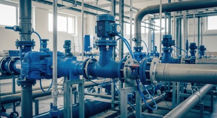 Industrial Water Treatment System with Blue Piping and Electrical Components