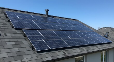 Naklejka premium Residential Solar Panel Installation on a Roof with Slate Tiles