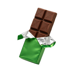 Delicious milk chocolate bar unwrapped in green foil packaging isolated on transparent background