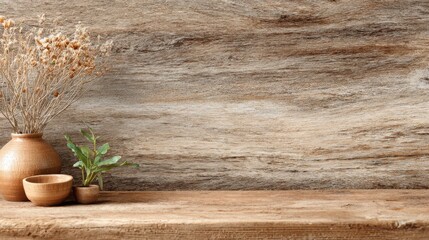 Wooden Still Life: A rustic arrangement with clay vase greenery and bowl set against a textured wooden backdrop creates a natural cozy scene