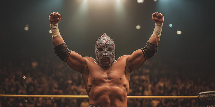 Masked wrestler raising arms in victory in wrestling ring
