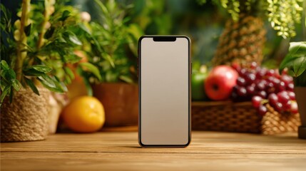 Smartphone on wooden table surrounded by greenery and fruit suggesting a healthy lifestyle and connection with nature Minimalist product shot
